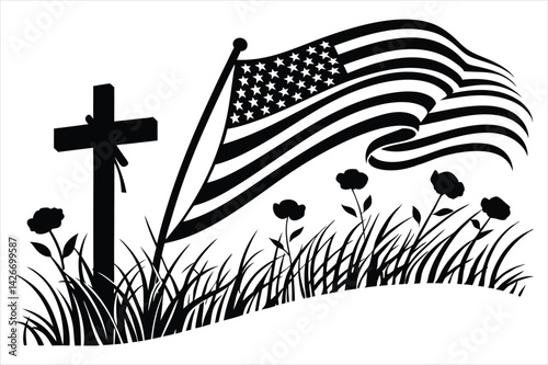 Minimalist silhouette of a battlefield cross with flowing American flag and wild poppies