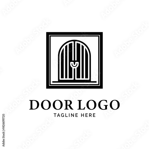 Door Logo: A graphic representation of a door in the center, with a square frame in a minimalist design and text logo.