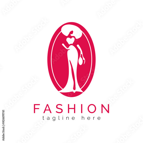 Fashion Icon Silhouette & Logo: An elegant silhouette of a woman embodies grace and style within a vibrant oval, complemented by "FASHION" and "tagline here" text.