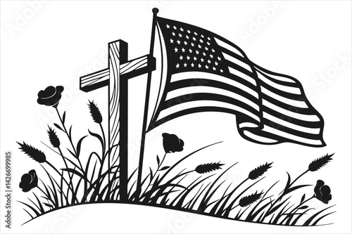 Minimalist silhouette of a battlefield cross with flowing American flag and wild poppies