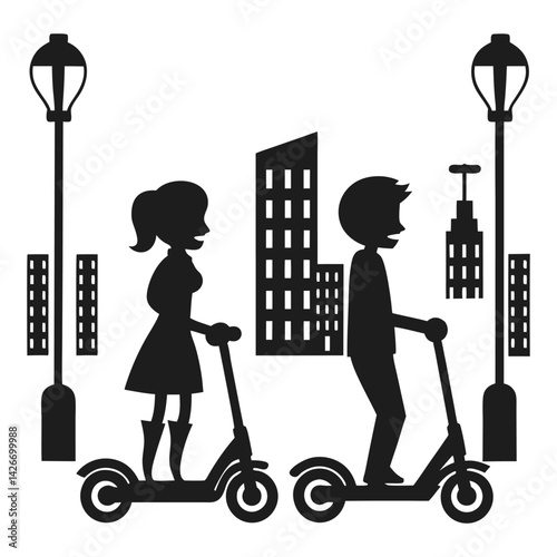 Boy and Girl Riding Kick Scooters in Urban City Street – Vector Silhouette