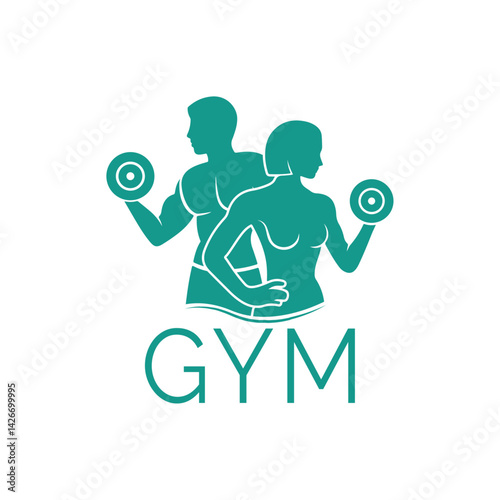 Gym Logo Design Silhouette: The silhouette of a man and a woman exercising with dumbbells symbolizes fitness, strength, and wellness. The perfect illustration for a fitness center.