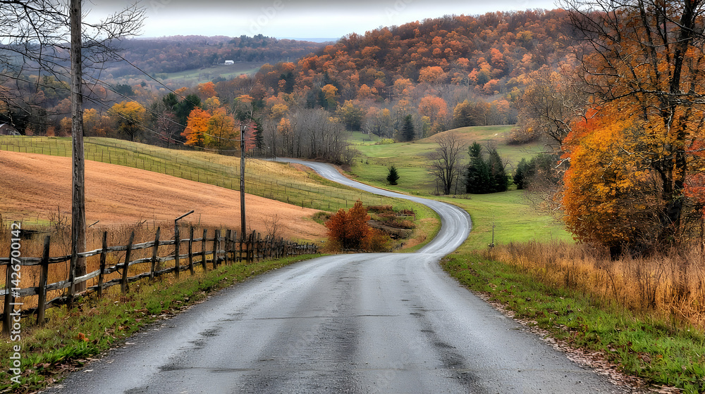 Fototapeta premium Autumn Country Road With Winding Path And Colorful Foliage