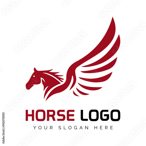 Winged Horse Logo: A striking logo featuring a stylized winged horse, rendered in bold red against a pristine backdrop, embodying power, grace, and the spirit of freedom.