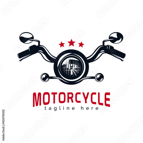 Motorcycle Emblem Logo Design: A bold motorcycle emblem, with a front view of the handlebars, a bright headlamp, and a few red stars, perfect for adding a touch of classic style
