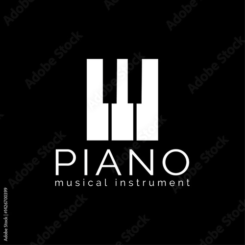 Minimalist Piano Logo: A striking piano keyboard emblem, elegantly portrayed in monochromatic contrast against a stark black canvas, exuding timeless musical artistry and modern graphic aesthetics.