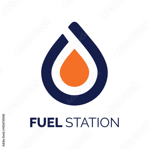 Fuel Station Logo: A stylized fuel drop logo design for a gas station, featuring a bold navy blue outline and an orange droplet in the center.