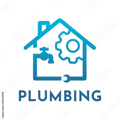 Plumbing Service Logo: A clean and modern plumbing logo featuring a house silhouette with a faucet, gear, and wrench, symbolizing the essential services provided.