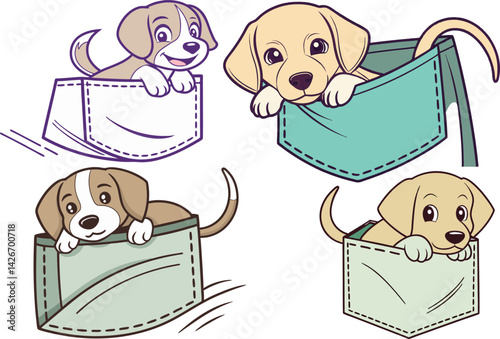 Adorable Puppies in Pockets Cartoon Illustration