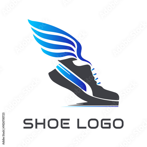 Velocity Vision Logo: An illustration of a shoe with dynamic, blue wings, designed to evoke speed, freedom, and athletic prowess in a captivating and artistic composition. 