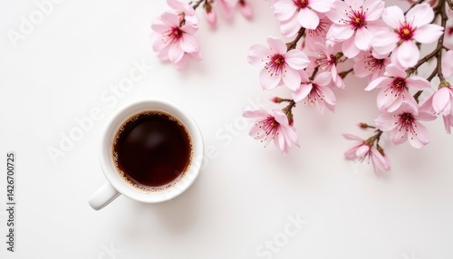 cherry blossom with coffee cup, white surface, spring  moment