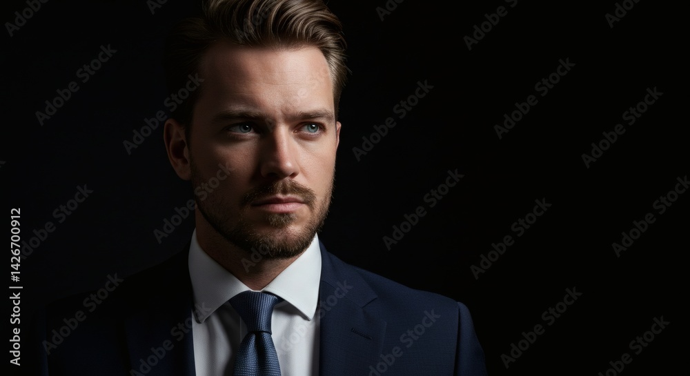 A sophisticated man in a tailored suit, gazing thoughtfully into the distance with focused eyes. A sophisticated man in a tailored suit, gazing thoughtfully into the distance with focused eyes.