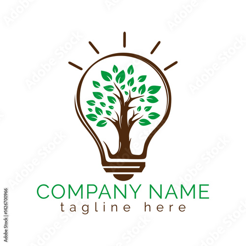 Eco-friendly Idea Logo: A creative logo featuring a tree and leaves inside a lightbulb, representing sustainable concepts, environmentally conscious innovation, and green technology
