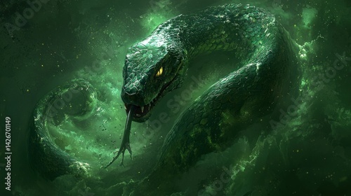 Giant green snake in a mystical, swirling nebula