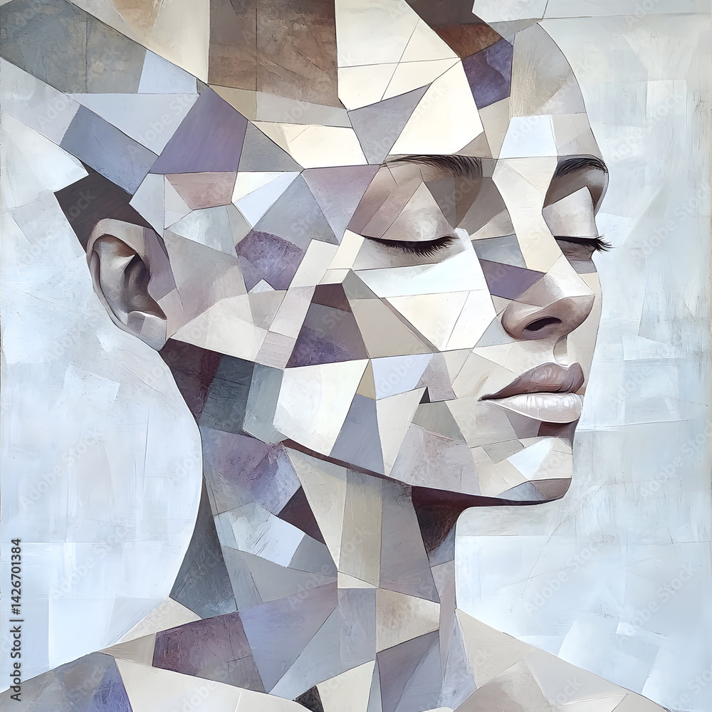 Abstract geometric portrait of fragmented human figure in soft lavender and gray, visually exploring self-compassion, emotional healing, quiet process of personal reconstruction and renewal.