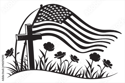 Minimalist silhouette of a battlefield cross with flowing American flag and wild poppies