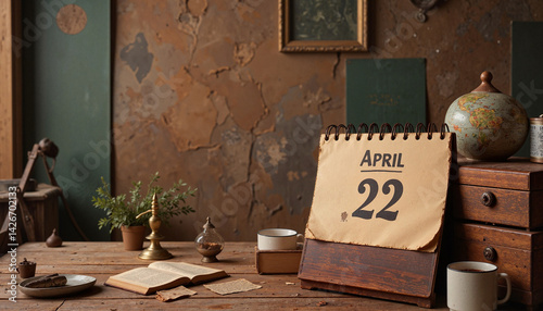Calendar displaying April 22 on rustic wooden table