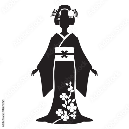 Vibrant Furisode silhouette, a symbol of Japanese heritage – Furisode illustration – Minimalist Furisode vector – Ladies dress silhouette

