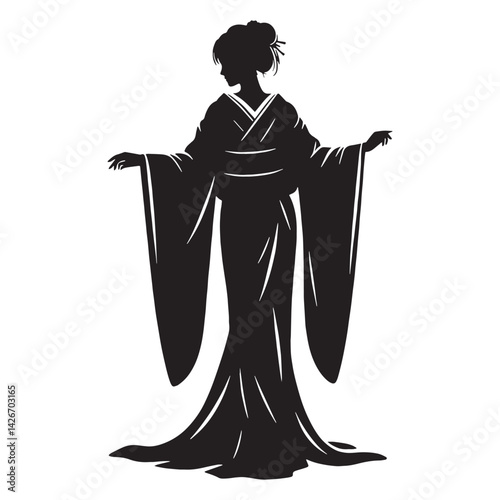 Beautiful Furisode silhouette, artful blend of style and tradition – Furisode illustration – Minimalist Furisode vector – Ladies dress silhouette

