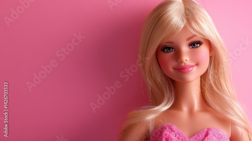 A blonde doll in a pink dress, smiling, sitting on a plain pastel pink background