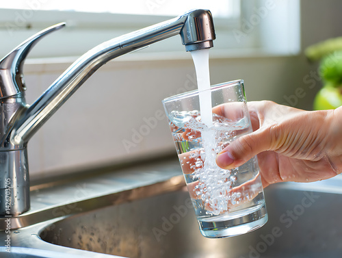 Pouring clean, refreshing water into a clear glass from a sleek modern kitchen faucet, promoting daily hydration and a healthy lifestyle.