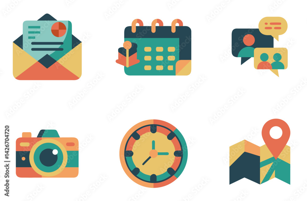 Flat design icons, colorful app symbols, communication and productivity tools, email envelope, calendar, chat bubbles, camera, clock, map pin, vibrant pastel colors, minimalist illustrations