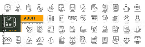 Minimalist Audit line icons set with editable stroke. Featuring law, budget, finance, report, management, approved, market, financial risk, monitoring, specialist, safety. thin linear illustration.