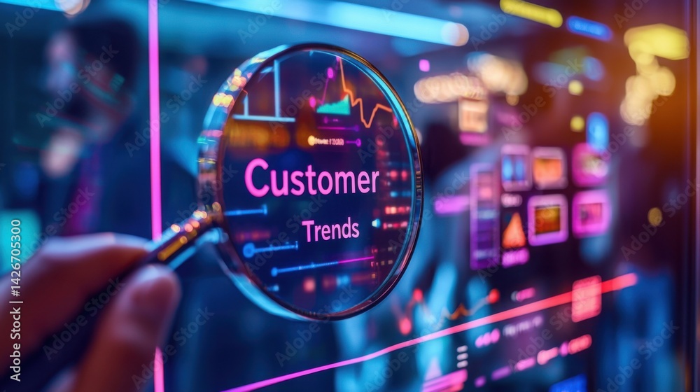 Analyzing customer trends with data visualization and a magnifying glass. Analyzing customer trends with data visualization and a magnifying glass.