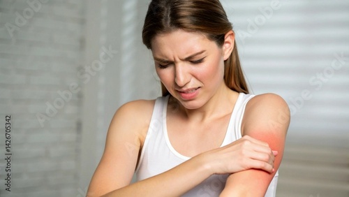 woman itching and scratching itchy arm. Sensitive Skin Allergic reaction to insect bite, food, drug dermatitis. Dermatology, Leprosy day