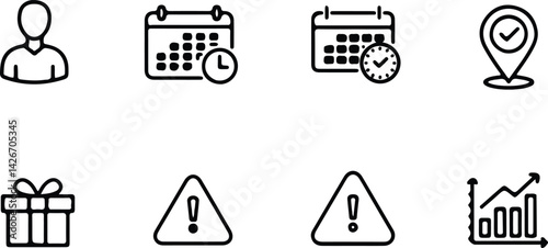 Eight simple outline icons depict user, scheduled dates, verified location, gift, warnings, and growth