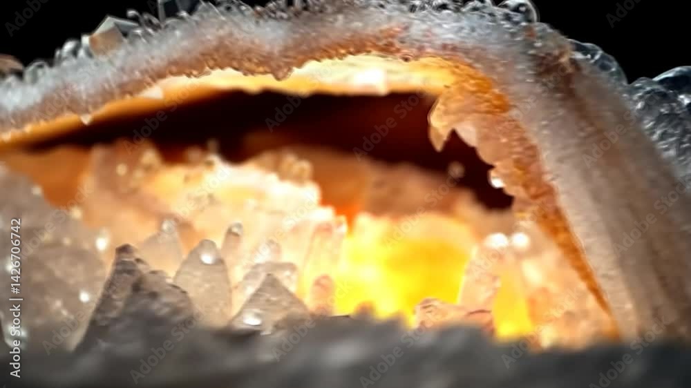 Detailed Macro Shot of a Geode Interior Showing Crystalline Structures and Glowing Amber and Orange Hues Detailed Macro Shot of a Geode Interior Showing Crystalline Structures and Glowing Amber and Orange Hues