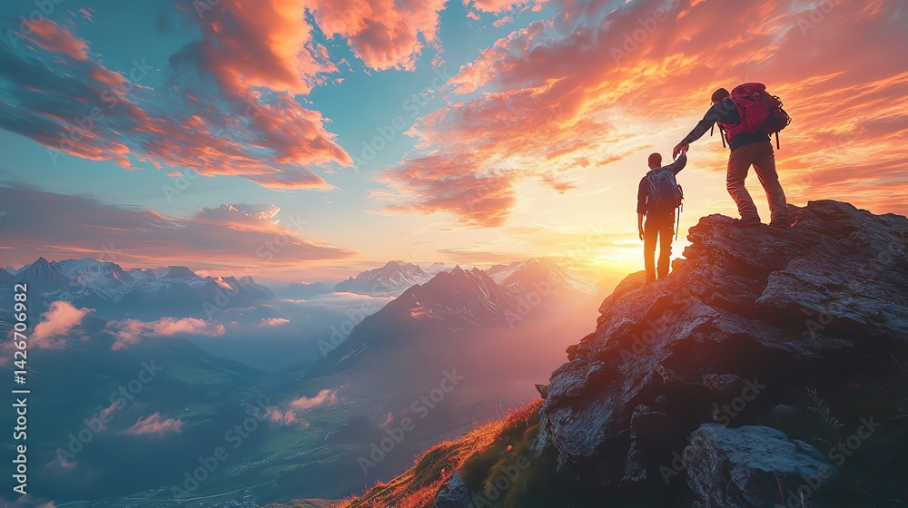 Two hikers on a steep mountain ledge one extending Two hikers on a steep mountain ledge one extending