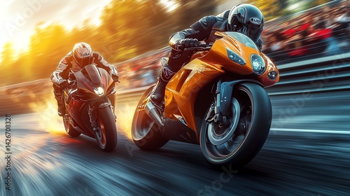 Two motorcycle racers battling for first place neck_