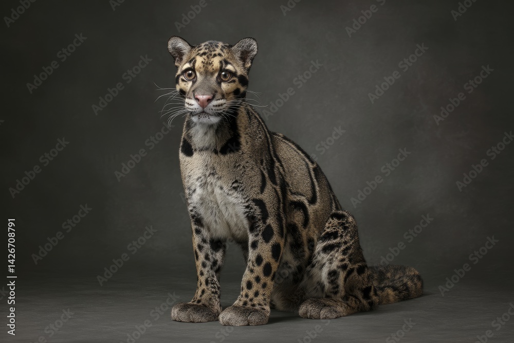 Naklejka premium A clouded leopard sits serenely against a neutral backdrop.
