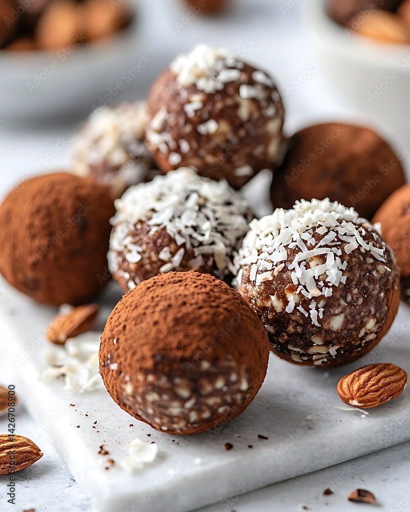 Topped vegan truffles on white background high resolution picture Topped vegan truffles on white background high resolution picture
