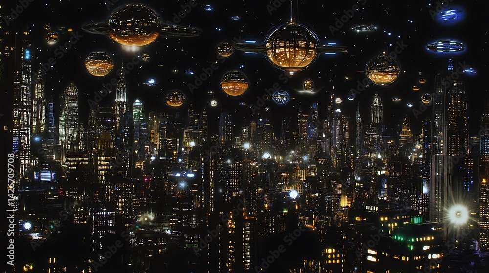Fototapeta premium Futuristic city skyline with celestial bodies.