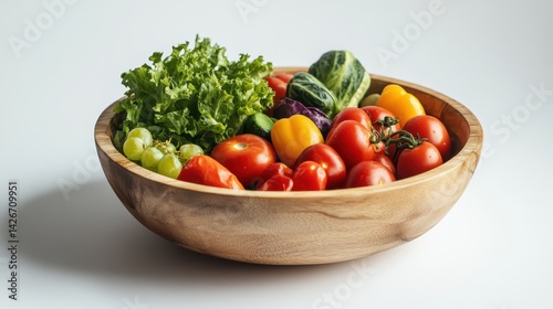 A salad bowl with fresh vegetables isolated on a pure white background, realistic lighting and shadow, ideal for cut-out and compositing