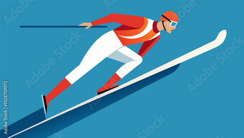 Concentrated and focused a ski jumper gracefully pushes off the ramp and launches into the air their skis parallel and perfectly angled.. Vector illustration