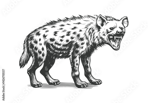  Fierce black and white hyena illustration in vintage woodcut style with sharp teeth and dynamic pose in side profile