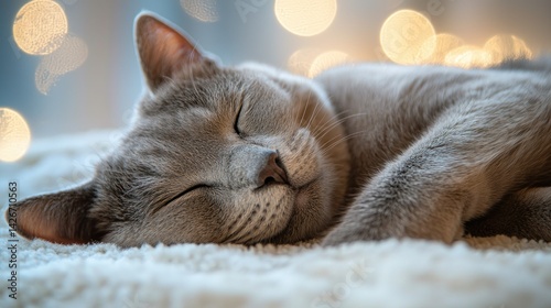 Sleepy cat napping by window lights photo