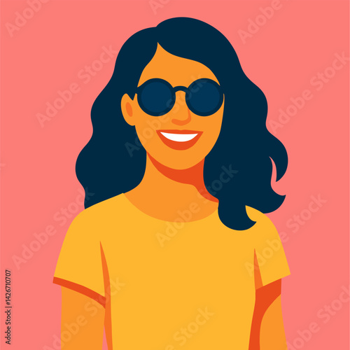 Happy woman smiling wearing sunglasses colorfull illustration