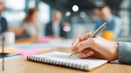 Close up of hand writing in notebook with pen at business meeting with blurred people in background