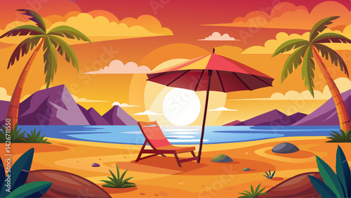 Very beautiful A tranquil beach scene featuring a sun lounger and an umbrella under a vibrant orange sky.