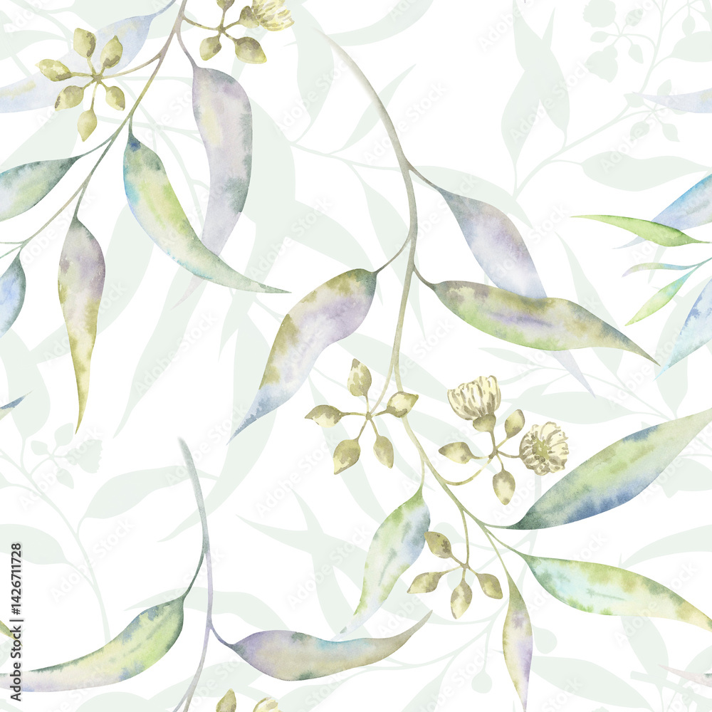 Obraz premium Eucalyptus blossom seamless pattern. Watercolor botanical background featuring light, translucent eucalyptus sprigs and blooms in soft pastel shades. Perfect for wrapping, packaging, invitations