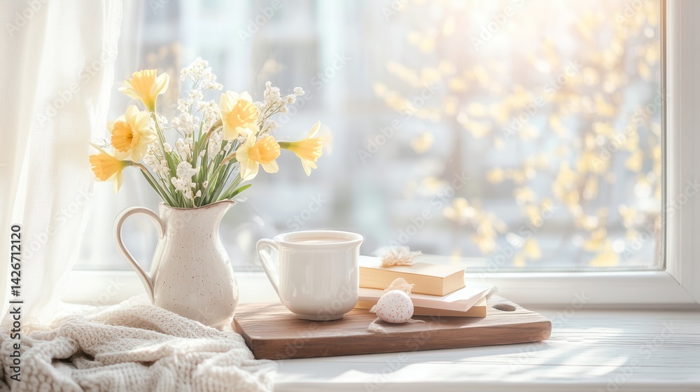 Obraz premium Morning tranquility with flowers and warm beverage on a cozy windowsill in soft sunlight