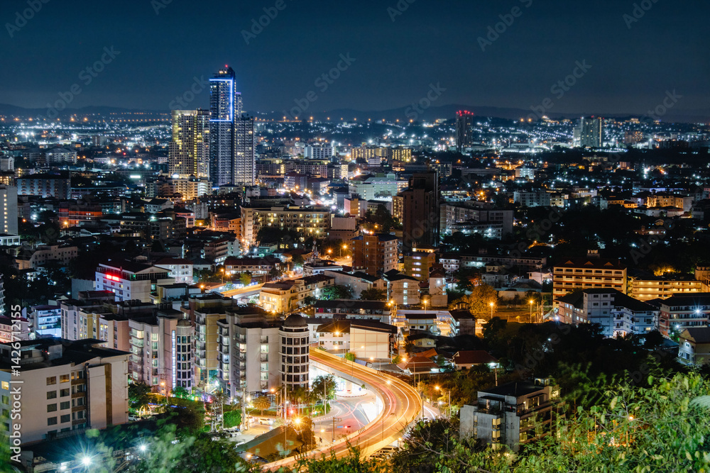 Obraz premium Hotel lights and business houses from Pattaya city thailand which is a nightlife destination