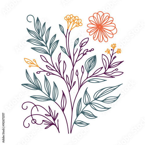 abstract floral pattern with fine line botanical art and trendy blossom elements for modern wrapping paper and textile uses

