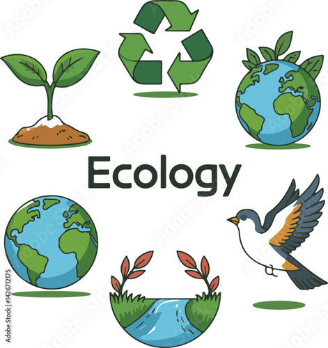 Ecology Icons Set. Global Warming, Climate Change, Plastic Pollution and other Ecology Problems. Save the Planet Symbols. Eco Environment Signs Collection. Flat Line Cartoon Vector Illustration.
