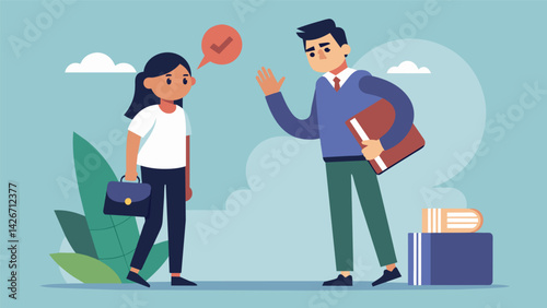 A student standing strong and confident saying no to a pushy lender trying to tempt them with predatory loan offers.. Vector illustration
