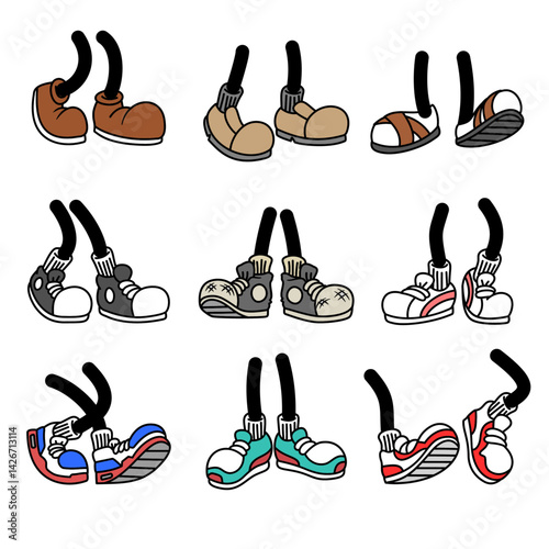 Cool trendy feet and shoes vector collection. Cartoon feet in colored sneakers, boot different poses, leg standing, walking, running, behind view. Isolated mascot footwear